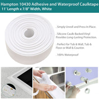 Hampton 10430 Adhesive and Waterproof Caulktape, 11' Length x 7/8" Width, White