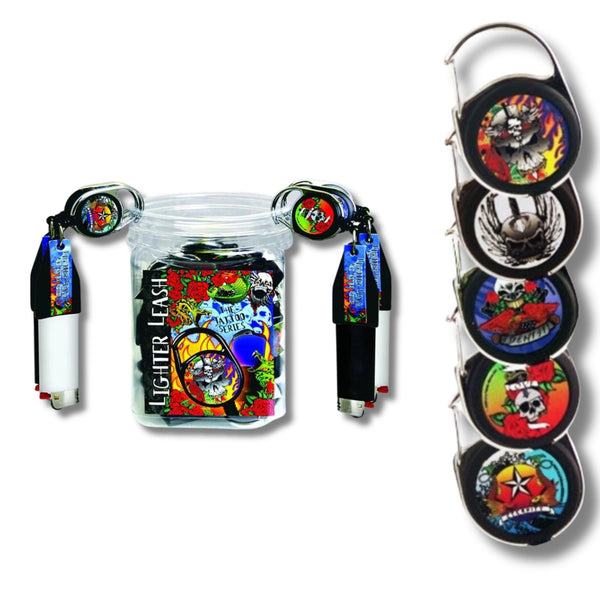 Premium Tattoo Series Lighter Leash Retractable Holder- 4-Pack Assorted Designs