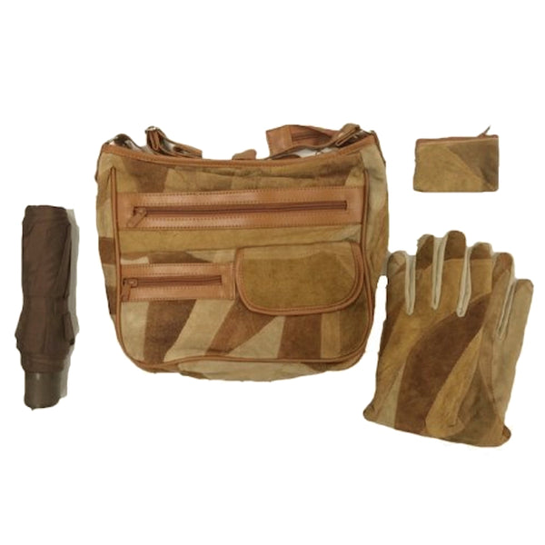 Patchwork Suede Shoulder Bag Set w/ Gloves, Umbrella and Coin Purse